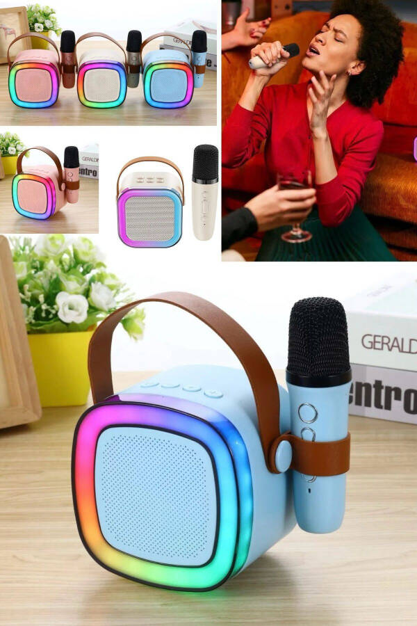 Taşınabilir Bluetooth Hoparlör Kablosuz Karaoke Yılbaşı Müzik Eğlence Bluetooth Hoparlör Mikrafonlu - Pembe - 5