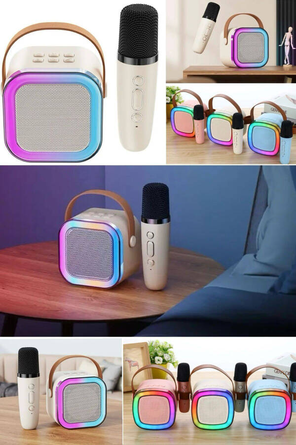 Taşınabilir Bluetooth Hoparlör Kablosuz Karaoke Yılbaşı Müzik Eğlence Bluetooth Hoparlör Mikrafonlu - Pembe - 6