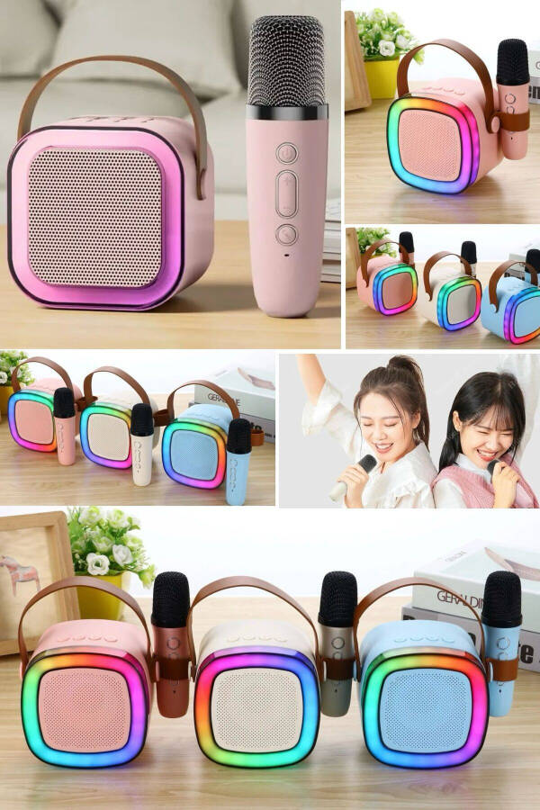 Taşınabilir Bluetooth Hoparlör Kablosuz Karaoke Yılbaşı Müzik Eğlence Bluetooth Hoparlör Mikrafonlu - Pembe - 7