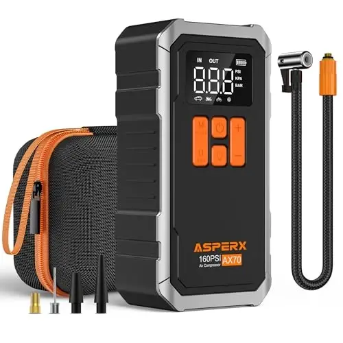 AsperX 160PSI Tire Inflator Portable Air Compressor for Car/Moto/Bike/Ball | 160 PSI Rapid Inflation, 10000mAh Larger Capacity, 4+N Smart Modes, LED Light, Auto-stop, Exquisite Handbag - ASPERX