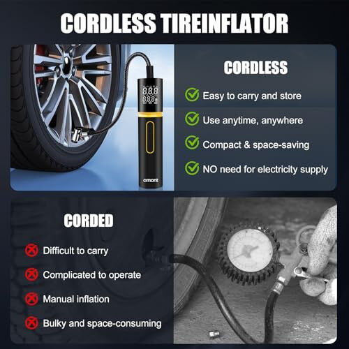 Tire Inflator Portable Air Compressor, Omont 150PSI Electric Bike Tire Pump Cordless Air Pump for Car Tires, 4X Faster Portable Tire Inflator with Digital Pressure Gauge for Car Bike Motorcycle Ball - 3
