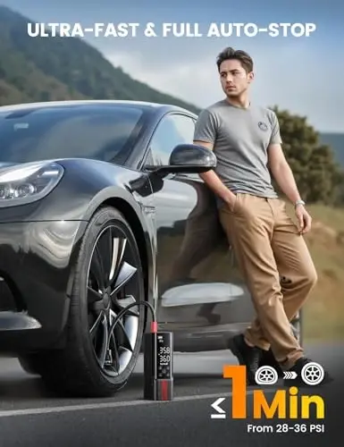 Lamicall Portable Car Tire Inflator - Air Compressor [150 PSI] [4X Faster] Cordless Car Air Pump with Rechargeable Battery, Digital Display Pressure Gauge, LED Light, for Cars, Motorcycles, Bike, Ball - Lamicall (1)