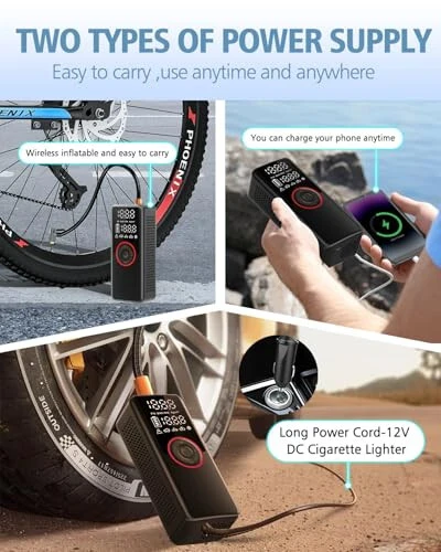 Tire Inflator Portable Air Compressor Air Pump for Cars, Bikes & Motorcycle Tires, 25mm Cylinder Pump with 150PSI for 3X Faster Inflation, Dual Cordless and DC12V Power with Accurate Pressure Gauge - 3