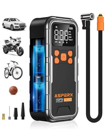 Tire Inflator Portable Air Compressor, 150PSI Cordless Air Pump for Car Tires, 3X Faster Air inflator Tire Pump with Digital Pressure Gauge and Emergency LED Light for Motorcycle Bike Ball Car - 3
