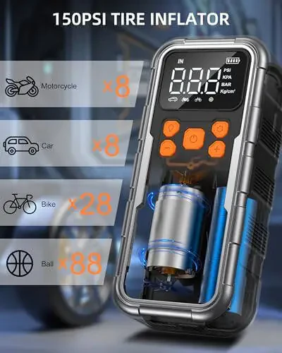 Tire Inflator Portable Air Compressor, 150PSI Cordless Air Pump for Car Tires, 3X Faster Air inflator Tire Pump with Digital Pressure Gauge and Emergency LED Light for Motorcycle Bike Ball Car - 7