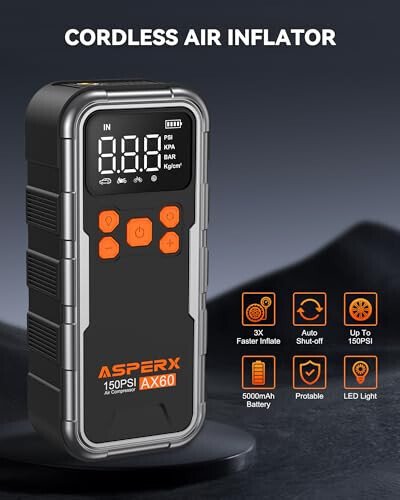 Tire Inflator Portable Air Compressor, 150PSI Cordless Air Pump for Car Tires, 3X Faster Air inflator Tire Pump with Digital Pressure Gauge and Emergency LED Light for Motorcycle Bike Ball Car - 4