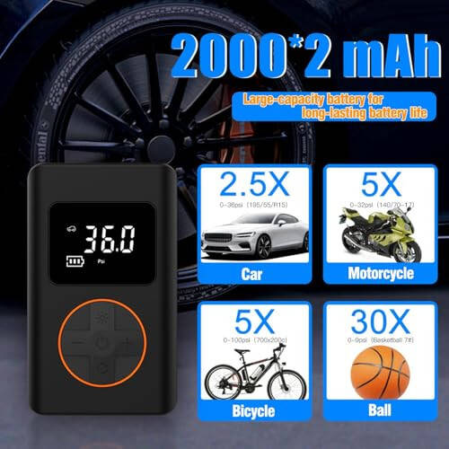Tire Inflator Portable Air Compressor Pump - 150Psi Portable Air Compressor 2X Faster Inflation Electric Car Tire Inlator Cordless with Digital Pressure Gauge for Motocycle Bike Balls Car Accessories - 4