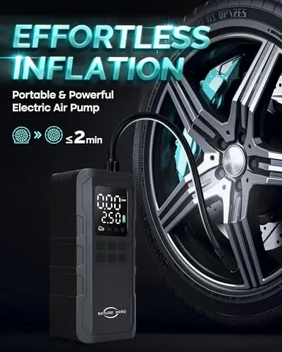 Tire Inflator Portable Air Compressor and Power Bank - 150PSI Compressor Portable Tire Inflator for Car, Motorcycle, Bicycle, Balls - Car Air Pump，Black - 3