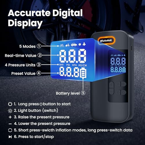 Tire Inflator Portable Air Compressor, 150PSI Cordless Air Pump for Car Tires with Digital Dual Values Display, Pressure Gauge, Auto Shut-off & LED Lights for Car, Truck, Motorcycle, Bicycle, Ball - 5