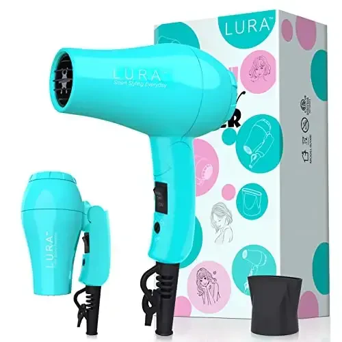Portable Travel Hair Dryer, Mini Lightweight Dual Voltage Blow Dryer 1200W with Folding Handle, with One Concentrator (Blue) - LURA