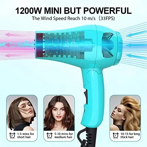 Portable Travel Hair Dryer, Mini Lightweight Dual Voltage Blow Dryer 1200W with Folding Handle, with One Concentrator (Blue) - 3