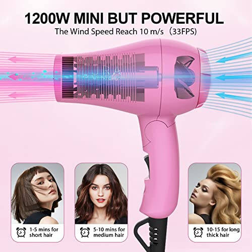 Portable Travel Hair Dryer,Mini Lightweight Dual Voltage Blow Dryer 1200W with Folding Handle,Blowdryer with One Concentrator - 3