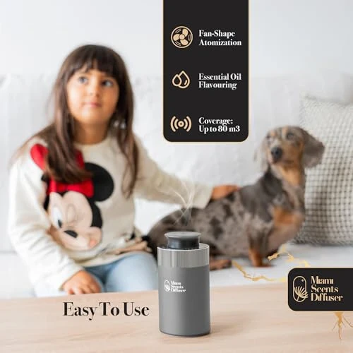 Car Diffuser for Essential Oils + Santal Scent Included Portable Waterless Air Freshener Built-in Battery Ultrasonic Cool Mist Humidifier with 9 Adjustable Modes Aromatherapy for Home Office Bedroom - Miami Scents Diffuser