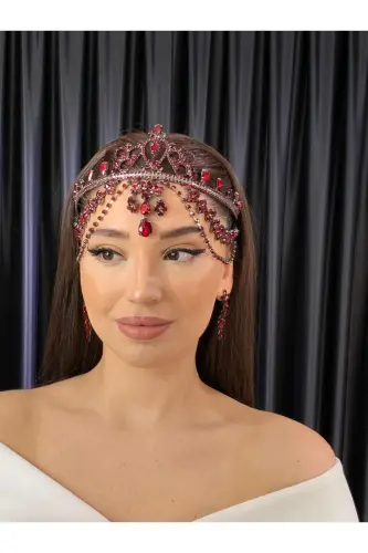 Taşlı Alınlık Gelin Düğün Nişan Kına Alınlık Hürrem - BORDO 
