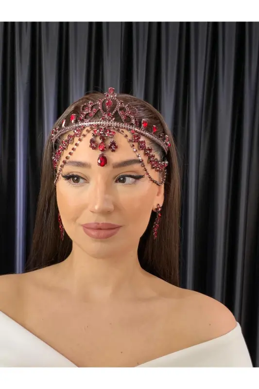 Taşlı Alınlık Gelin Düğün Nişan Kına Alınlık Hürrem - BORDO - BEYOĞLU NİŞANTAŞI