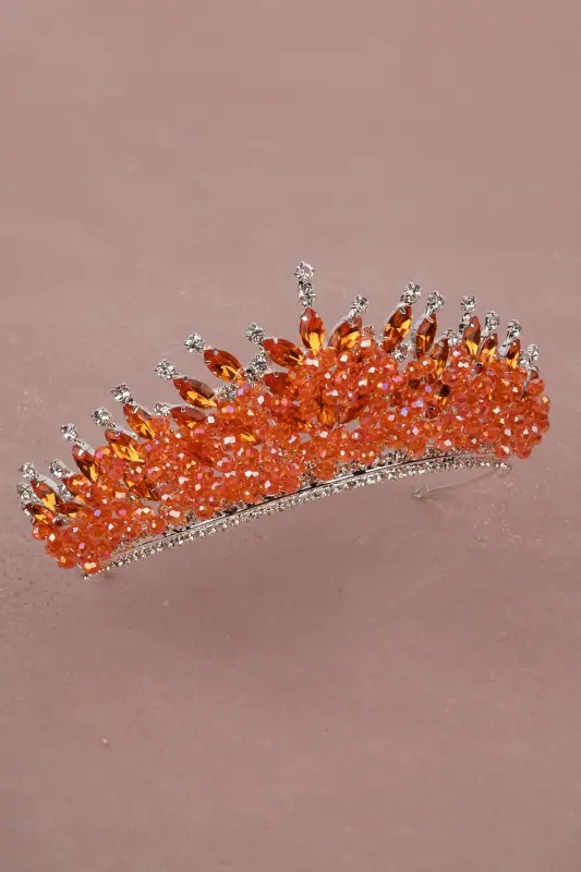 Taşlı Boncuk Süslemeli Kristal Taşlı Gelin Kına Düğün Tacı Turuncu - Turuncu - 4