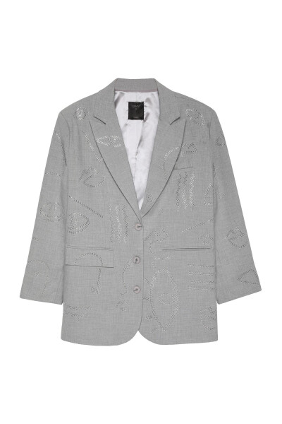 Taşlı Desen Kruvaze Yaka Oversize Blazer Ceket Açık Gri - 6