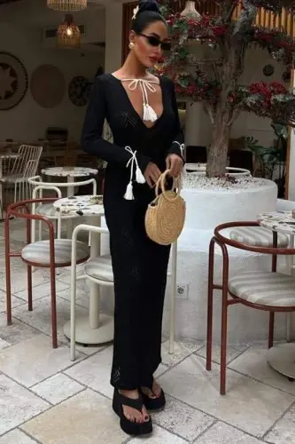 Tassel Lace-up Detailed V-Neck Openwork Dress 2850 - 1