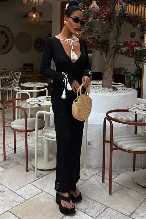 Tassel Lace-up Detailed V-Neck Openwork Dress 2850 - BÜYÜKBEDENIZ