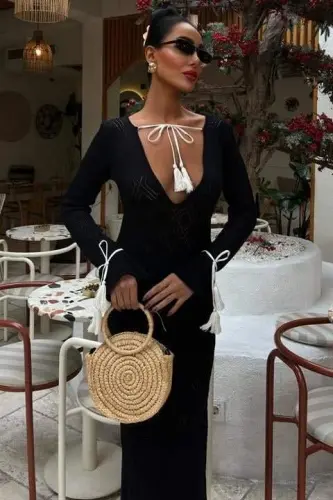 Tassel Lace-up Detailed V-Neck Openwork Dress 2850 - BÜYÜKBEDENIZ (1)