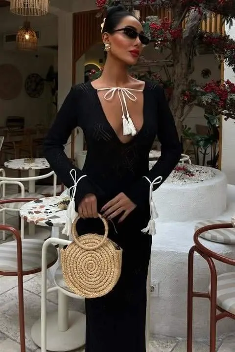 Tassel Lace-up Detailed V-Neck Openwork Dress 2850 - 2