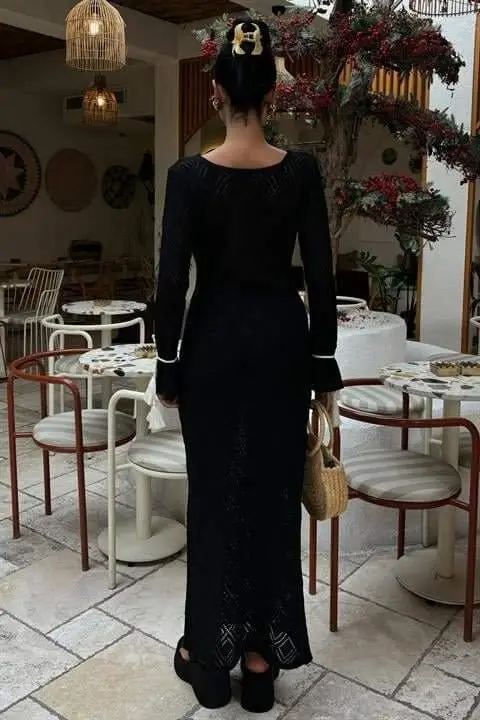 Tassel Lace-up Detailed V-Neck Openwork Dress 2850 - 4