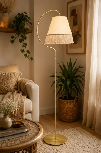 Tasseled Floor Lamp || BLACK YELLOW PATINA || Cream Fabric || Yellow Tasseled || Corner Lamp Living Room Floor Lamp - Black Yellow Patina Cream Fabric Yellow Tassel - 1