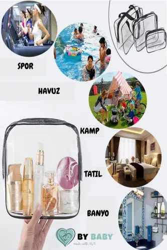 Tatil, Plaj, Kozmetik ,makyaj Bakım Çantası Seti, Şeffaf Su Geçirmez , 3 Adet Çanta-3'lü ŞEFFAF - 6