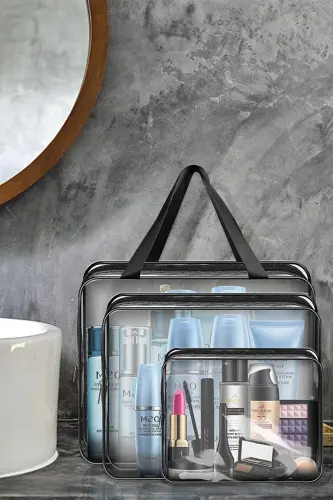 Tatil, Plaj, Kozmetik ,makyaj Bakım Çantası Seti, Şeffaf Su Geçirmez , 3 Adet Çanta-3'lü ŞEFFAF - 8