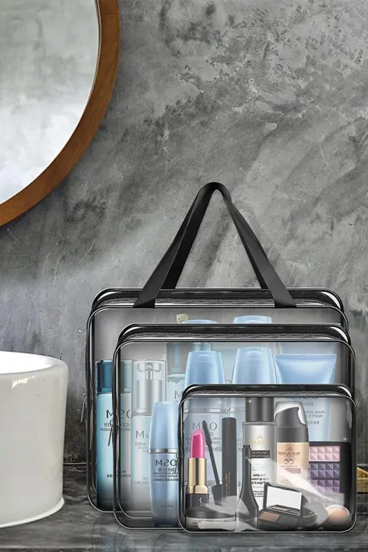 Tatil, Plaj, Kozmetik ,makyaj Bakım Çantası Seti, Şeffaf Su Geçirmez , 3 Adet Çanta-3'lü ŞEFFAF - 8