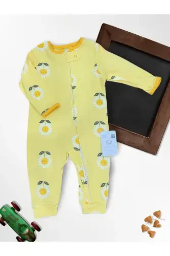 Tatli asalari %100 tabiiy paxta 3 dona chaqaloq kombinezoni 0-18 oy (UNISEX)-sariq oq ko'k - 4