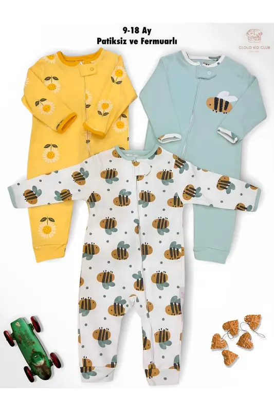 Tatli asalari %100 tabiiy paxta 3 dona chaqaloq kombinezoni 0-18 oy (UNISEX)-sariq oq ko'k - CLOUDKIDCLUB