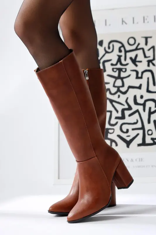 Tatum Taba Pointed Toe Mid Heel Women's Boot-Taba - LIMOYA