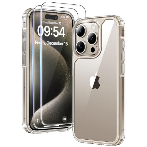 TAURI 3-in-1 iPhone 15 Pro Max Case, Clear, [No Yellowing], with 2X Screen Protector, [15 FT Military-Grade Protection] Shockproof Case for iPhone 15 Pro Max 6.7 inch - 27