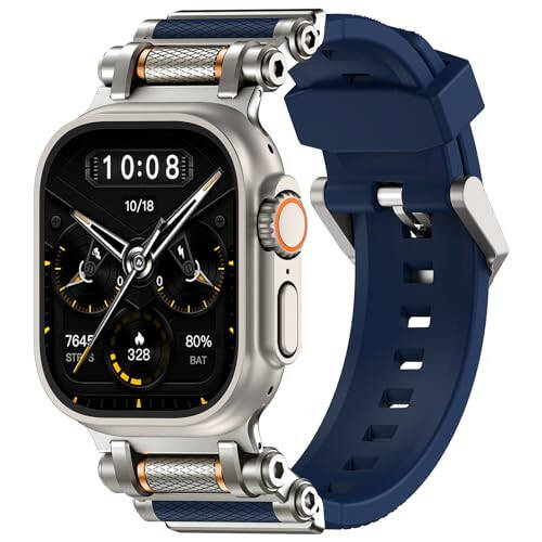 TAURI Designed for Apple Watch Band for Apple Watch Ultra 2/ Ultra 49mm [Liquid Silicone + Stainless Steel Metal Connector Band] for Series 10/9/8/7/6/SE/5/4/3/2/1 46mm/45mm/44mm/42mm, Navy Blue - 1