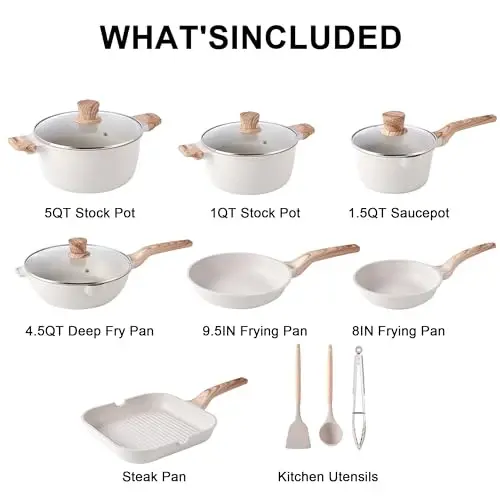 Caannasweis 20Pcs Cookware Sets, Nonstick Pots and Pans Set, Granite Induction Cookware, Non Stick Kitchen Cooking Set, Grayish White Grill Pan Set, PFOS PFOA Free - 5