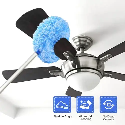 Heonay Ceiling Fan Cleaner Duster Reusable Microfiber Ceiling Fan Blade Cleaner Removable Duster with Extension Pole Adjusts 13 to 49.7 Inch for Cleaning Walls Furniture Door Window Top (Blue White) - 2