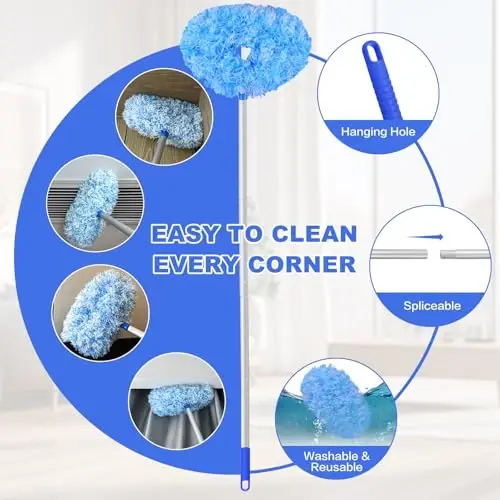 Heonay Ceiling Fan Cleaner Duster Reusable Microfiber Ceiling Fan Blade Cleaner Removable Duster with Extension Pole Adjusts 13 to 49.7 Inch for Cleaning Walls Furniture Door Window Top (Blue White) - 3