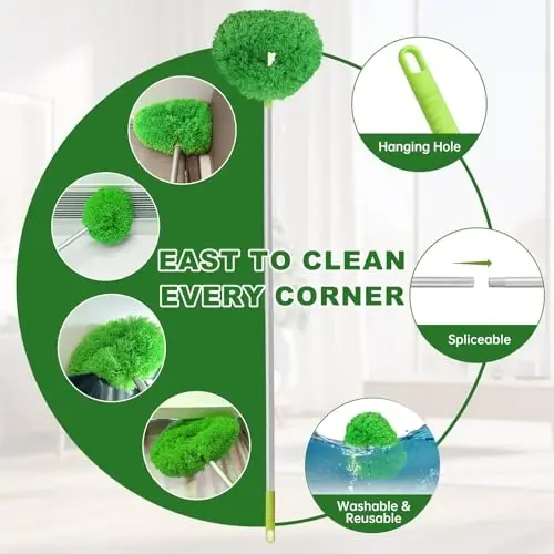 Ceiling Fan Cleaner Duster Reusable Microfiber Ceiling Fan Blade Cleaner Removable Duster with Extension Pole Adjusts 13 to 49.7 Inch for Cleaning Walls Bookshelves Furniture Door Window Top (Green) - 3