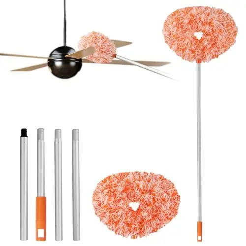 Ceiling Fan Cleaner Duster Reusable Microfiber Ceiling Fan Blade Cleaner Removable Duster with Extension Pole Adjusts 13 to 49.7 Inch for Cleaning Walls Furniture Door Window Top (Orange White) - HEONAY