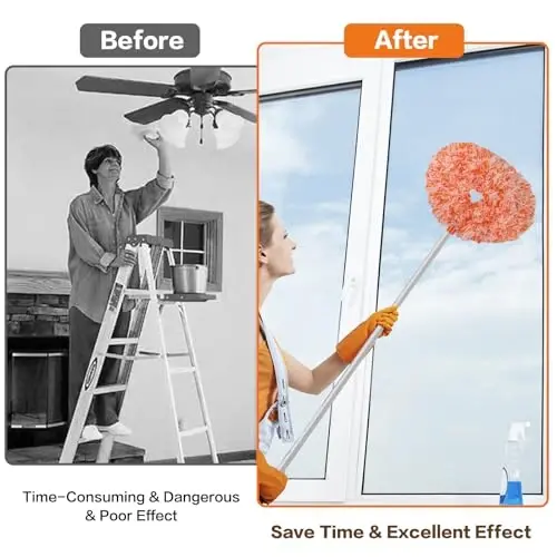 Ceiling Fan Cleaner Duster Reusable Microfiber Ceiling Fan Blade Cleaner Removable Duster with Extension Pole Adjusts 13 to 49.7 Inch for Cleaning Walls Furniture Door Window Top (Orange White) - 4