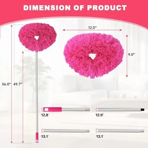 Ceiling Fan Cleaner Duster Reusable Microfiber Ceiling Fan Blade Cleaner Removable Duster with Extension Pole Adjusts 13 to 49.7 Inch for Cleaning Walls Bookshelves Furniture Door Window Top (Rosy) - 6