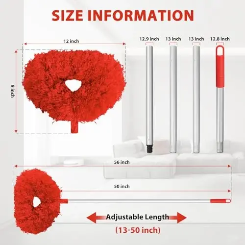 Ceiling Fan Cleaner Duster High Ceiling Extended Fan Blade Cleaner from 13 to 50 Inch Reusable Microfiber Ceiling Fan Duster with Extension Handle for Furniture Bookshelves Wall Door (Red) - 5