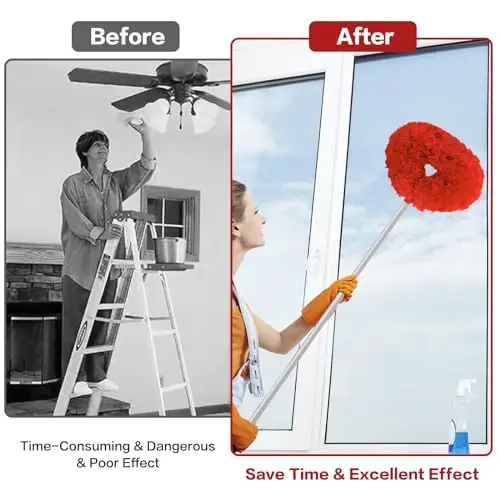 Ceiling Fan Cleaner Duster Reusable Microfiber Ceiling Fan Blade Cleaner Removable Duster with Extension Pole Adjusts 13 to 49.7 Inch for Cleaning Walls Bookshelves Furniture Door Window Top (Red) - 4