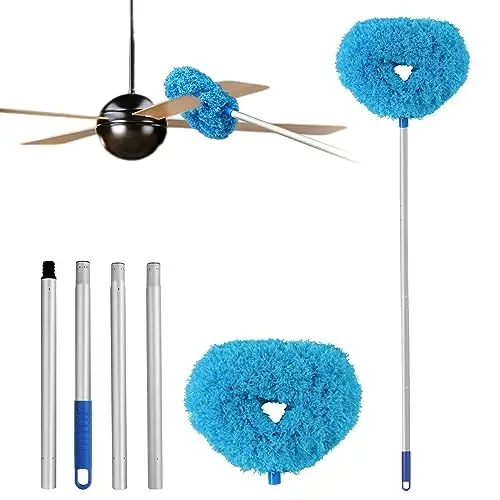 Ceiling Fan Cleaner Duster Reusable Microfiber Ceiling Fan Blade Cleaner Removable Duster with Extension Pole Adjusts 13 to 49.7 Inch for Cleaning Walls Bookshelves Furniture Door Window Top (Blue) 