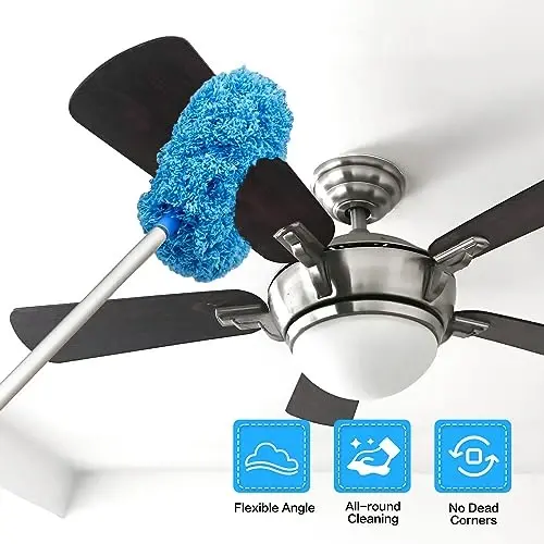 Ceiling Fan Cleaner Duster Reusable Microfiber Ceiling Fan Blade Cleaner Removable Duster with Extension Pole Adjusts 13 to 49.7 Inch for Cleaning Walls Bookshelves Furniture Door Window Top (Blue) - 2