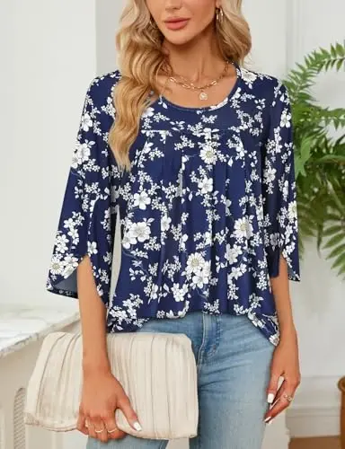 Viracy 3/4 Sleeve Tunic Tops to Wear with Leggings Crewneck Pleated Long Loose Fit Shirt Blouses - VIRACY (1)