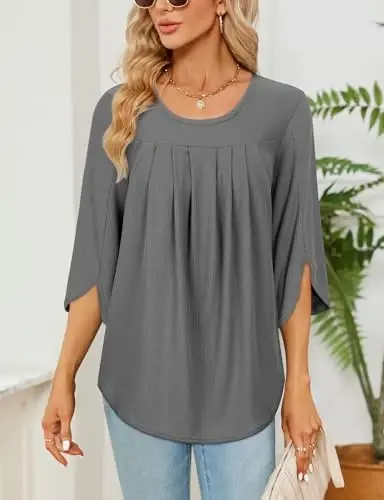 Viracy 3/4 Sleeve Tunic Tops to Wear with Leggings Crewneck Pleated Long Loose Fit Shirt Blouses - 4