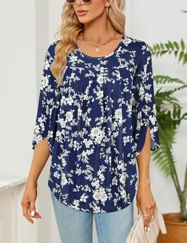 Viracy 3/4 Sleeve Tunic Tops to Wear with Leggings Crewneck Pleated Long Loose Fit Shirt Blouses - 3