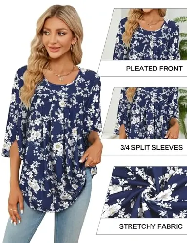 Viracy 3/4 Sleeve Tunic Tops to Wear with Leggings Crewneck Pleated Long Loose Fit Shirt Blouses - 4